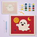 Lollipop Ghost on Red canvas before and after punching, with the threads and tools