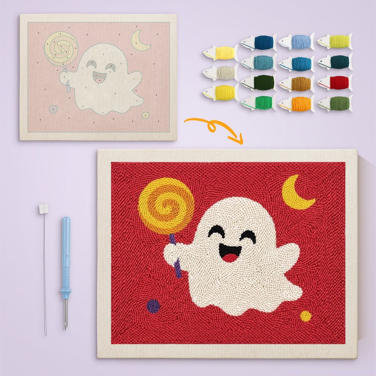 Lollipop Ghost on Red canvas before and after punching, with the threads and tools
