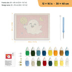 Lollipop Ghost on Red punch needle kit, 12 × 16 in (30 × 40 cm): canvas size and kit contents