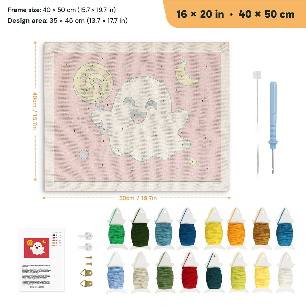 Lollipop Ghost on Red punch needle kit, 16 × 20 in (40 × 50 cm): canvas size and kit contents