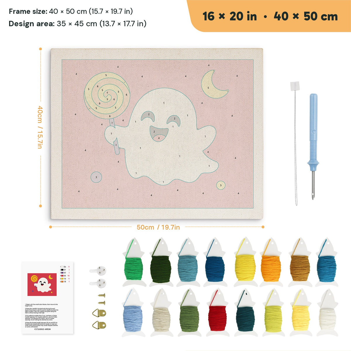 Lollipop Ghost on Red punch needle kit, 16 × 20 in (40 × 50 cm): canvas size and kit contents