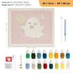 Lollipop Ghost on Red punch needle kit, 20 × 24 in (50 × 60 cm): canvas size and kit contents