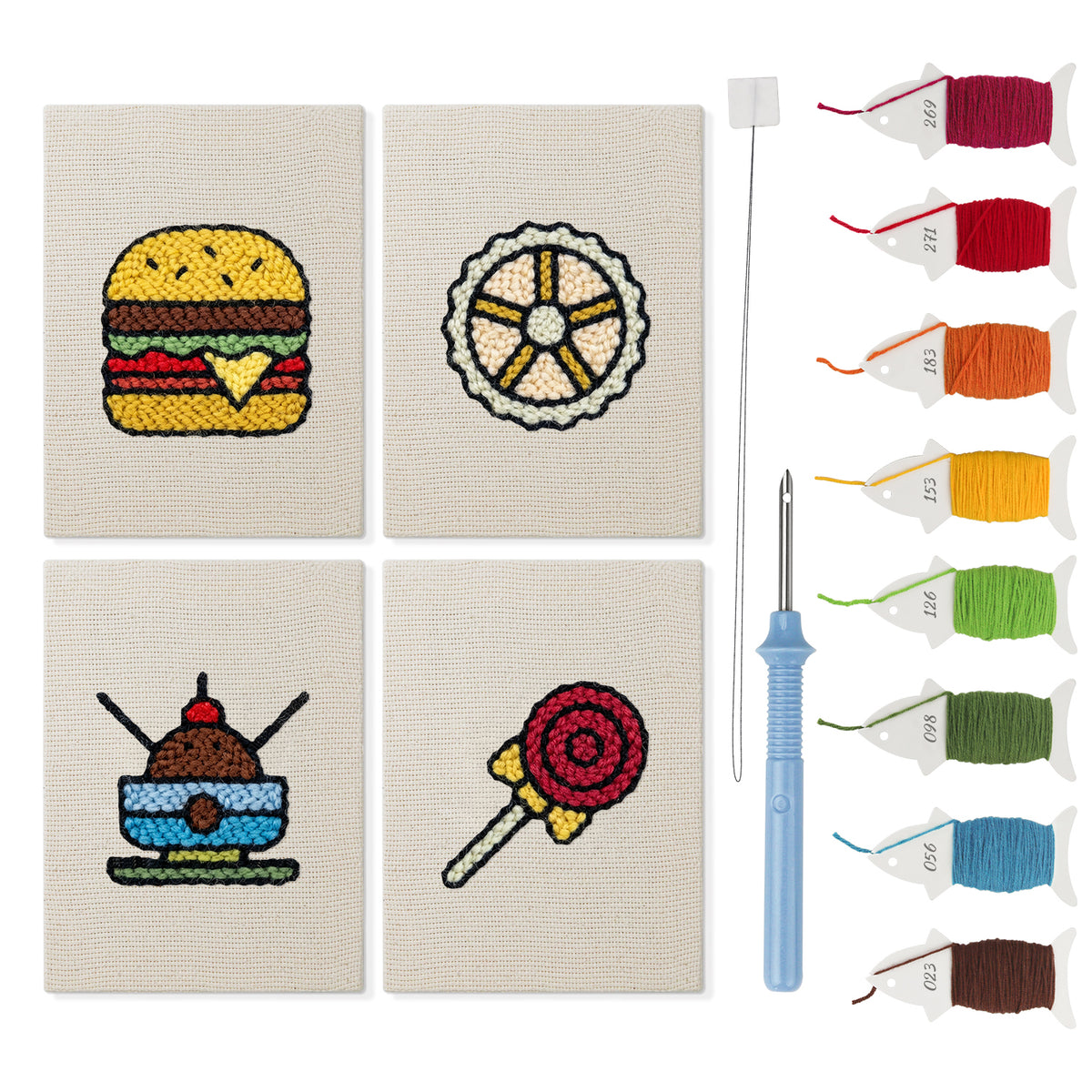 Lollipop Lunch mini punch needle kit set: four finished canvases with threads, punch needle and threader