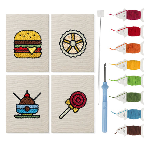 Lollipop Lunch mini punch needle kit set: four finished canvases with threads, punch needle and threader