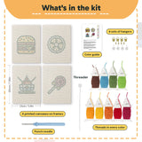 What is in the Lollipop Lunch set: 4 printed canvases, punch needle, threader, threads, color guide and 4 sets of hangers (6 × 8 in (15 × 20 cm) each)