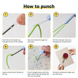 Six steps showing how to thread and use the punch needle