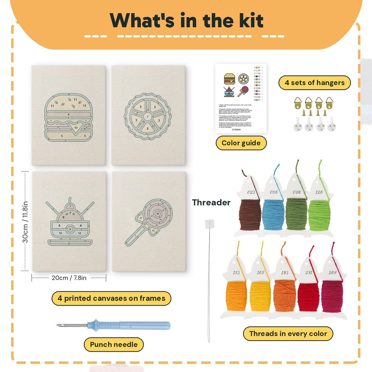 What is in the Lollipop Lunch set, 8 × 12 in (20 × 30 cm) each: 4 printed canvases, punch needle, threader, threads, color guide and 4 sets of hangers
