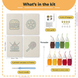 What is in the Lollipop Lunch set, 8 × 12 in (20 × 30 cm) each: 4 printed canvases, punch needle, threader, threads, color guide and 4 sets of hangers