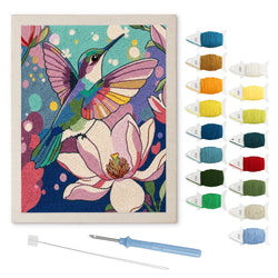 Lotus Hummingbird punch needle kit: finished canvas with threads, punch needle and threader