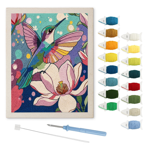 Lotus Hummingbird punch needle kit: finished canvas with threads, punch needle and threader