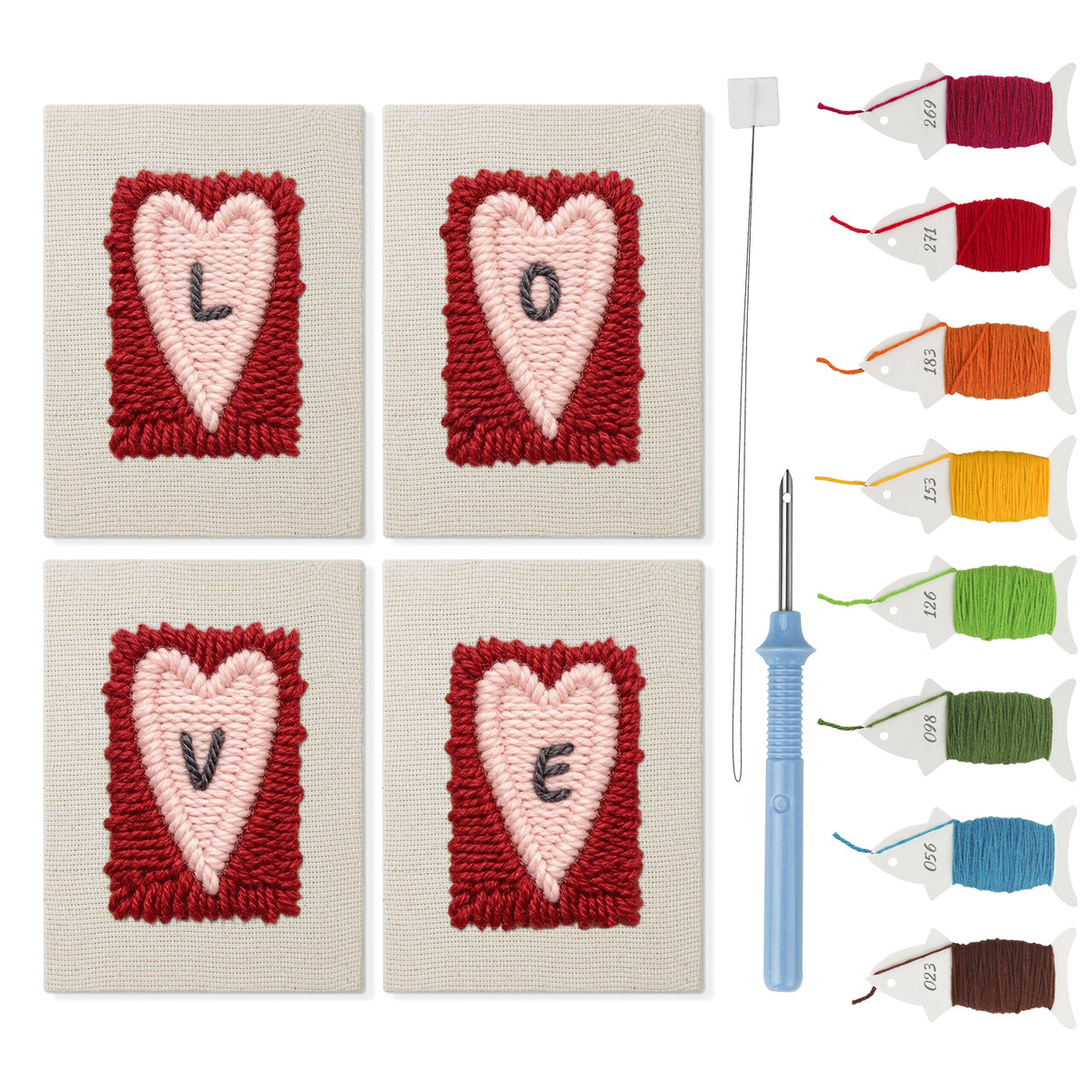 Love Letter Hearts mini punch needle kit set: four finished canvases with threads, punch needle and threader