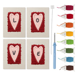 Love Letter Hearts mini punch needle kit set: four finished canvases with threads, punch needle and threader