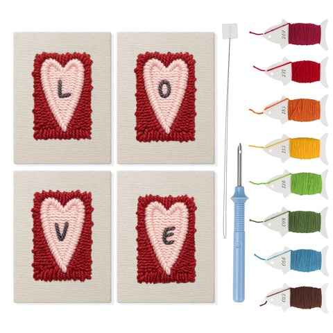 Love Letter Hearts mini punch needle kit set: four finished canvases with threads, punch needle and threader