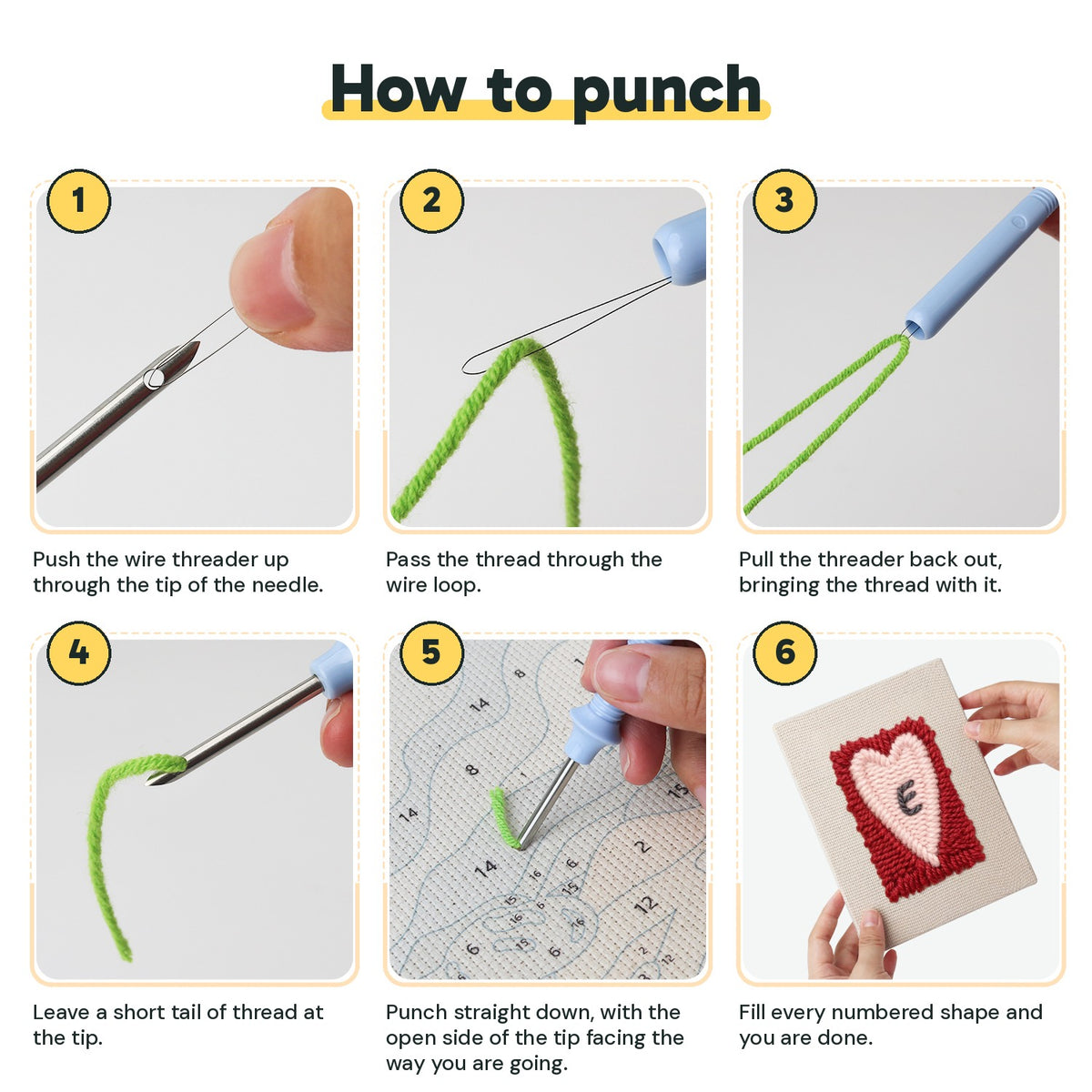 Six steps showing how to thread and use the punch needle
