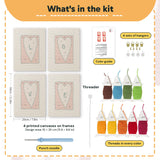 What is in the Love Letter Hearts set, 8 × 12 in (20 × 30 cm) each: 4 printed canvases, punch needle, threader, threads, color guide and 4 sets of hangers