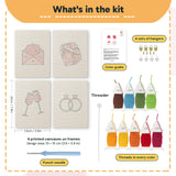 What is in the Love Letter Pink set: 4 printed canvases, punch needle, threader, threads, color guide and 4 sets of hangers (6 × 8 in (15 × 20 cm) each)