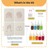 What is in the Love Letter Pink set, 8 × 12 in (20 × 30 cm) each: 4 printed canvases, punch needle, threader, threads, color guide and 4 sets of hangers