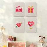 The four Love Note Hearts mini canvases on a wall above a shelf