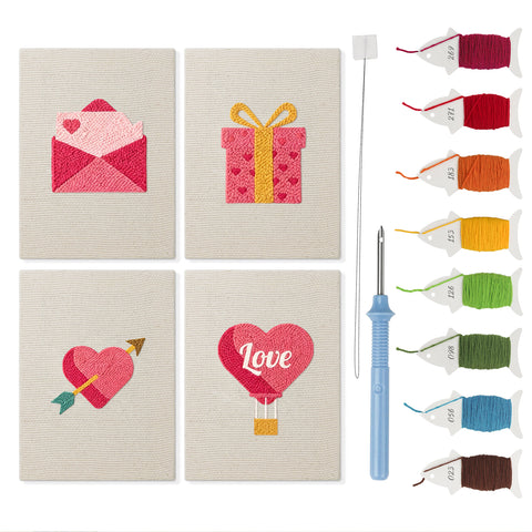 Love Note Hearts mini punch needle kit set: four finished canvases with threads, punch needle and threader