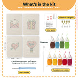 What is in the Love Note Hearts set, 8 × 12 in (20 × 30 cm) each: 4 printed canvases, punch needle, threader, threads, color guide and 4 sets of hangers