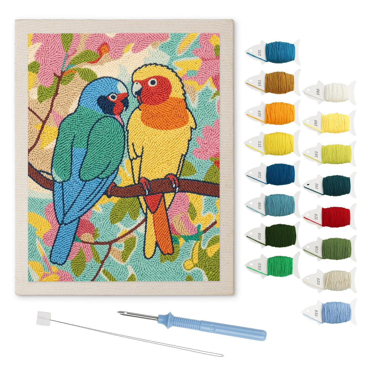 Lovebird Pair punch needle kit: finished canvas with threads, punch needle and threader