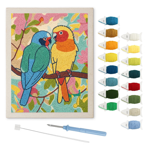 Lovebird Pair punch needle kit: finished canvas with threads, punch needle and threader