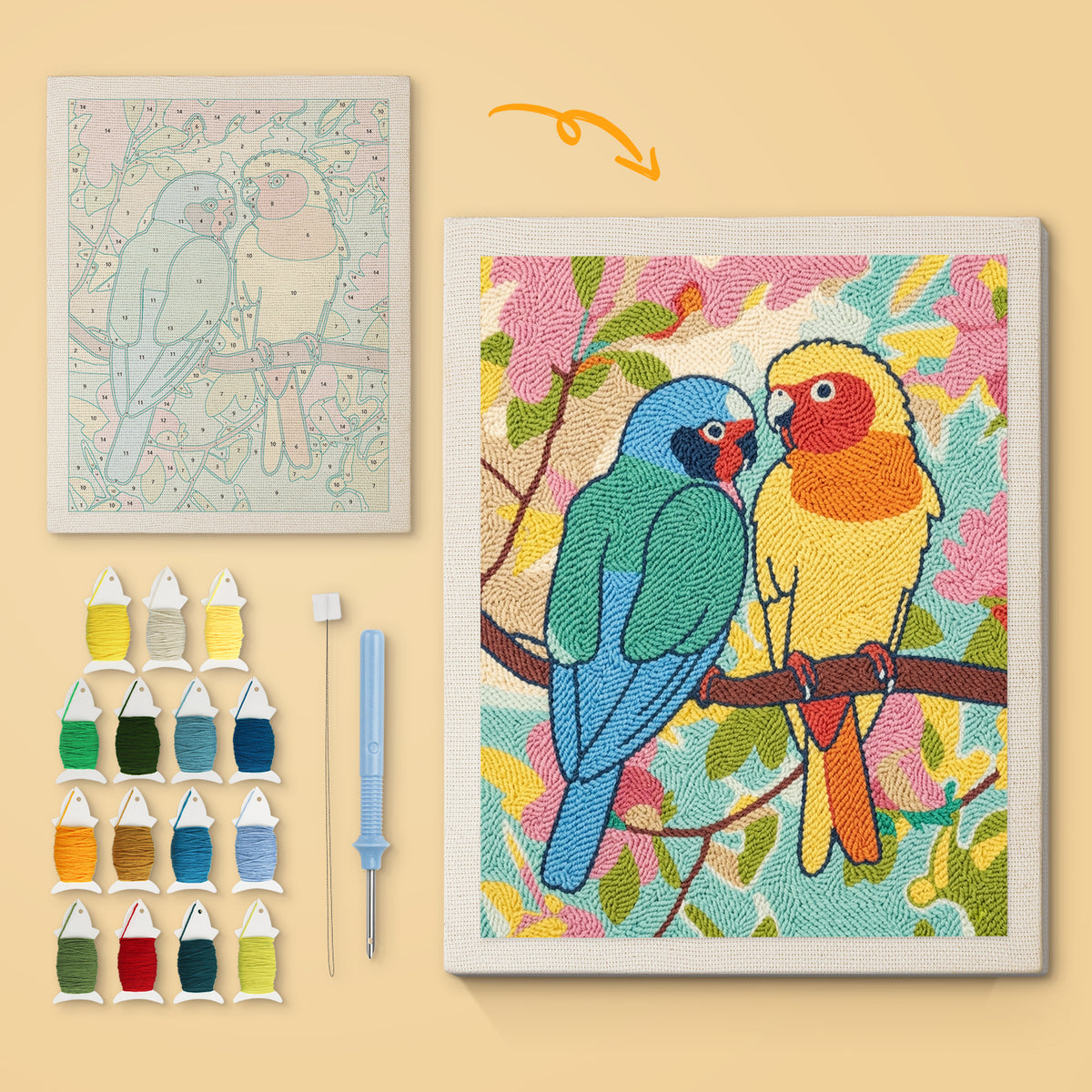Lovebird Pair canvas before and after punching, with the threads and tools