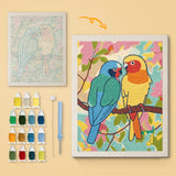 Lovebird Pair canvas before and after punching, with the threads and tools