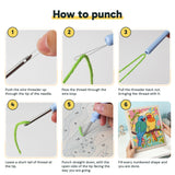 Six steps showing how to thread and use the punch needle