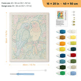 Lovebird Pair punch needle kit, 16 × 20 in (40 × 50 cm): canvas size and kit contents