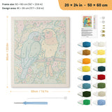 Lovebird Pair punch needle kit, 20 × 24 in (50 × 60 cm): canvas size and kit contents