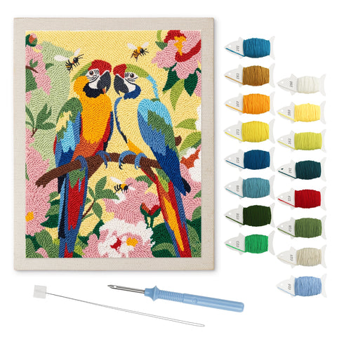 Macaw Pair punch needle kit: finished canvas with threads, punch needle and threader