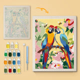 Macaw Pair canvas before and after punching, with the threads and tools