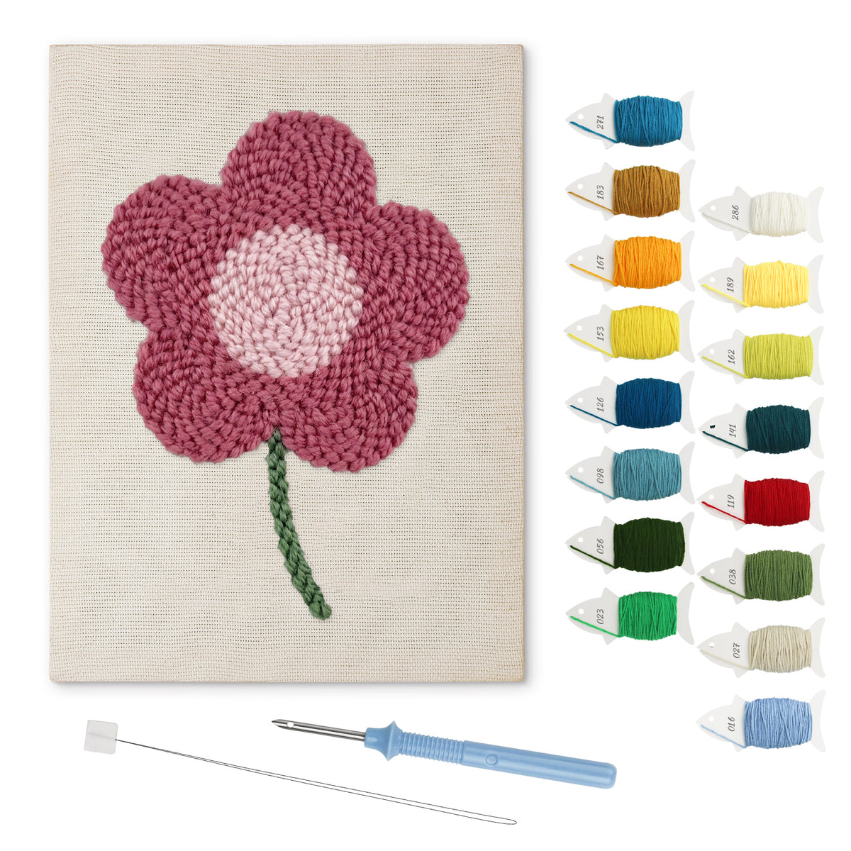 Magenta Bloom punch needle kit: finished canvas with threads, punch needle and threader