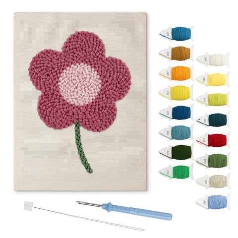 Magenta Bloom punch needle kit: finished canvas with threads, punch needle and threader