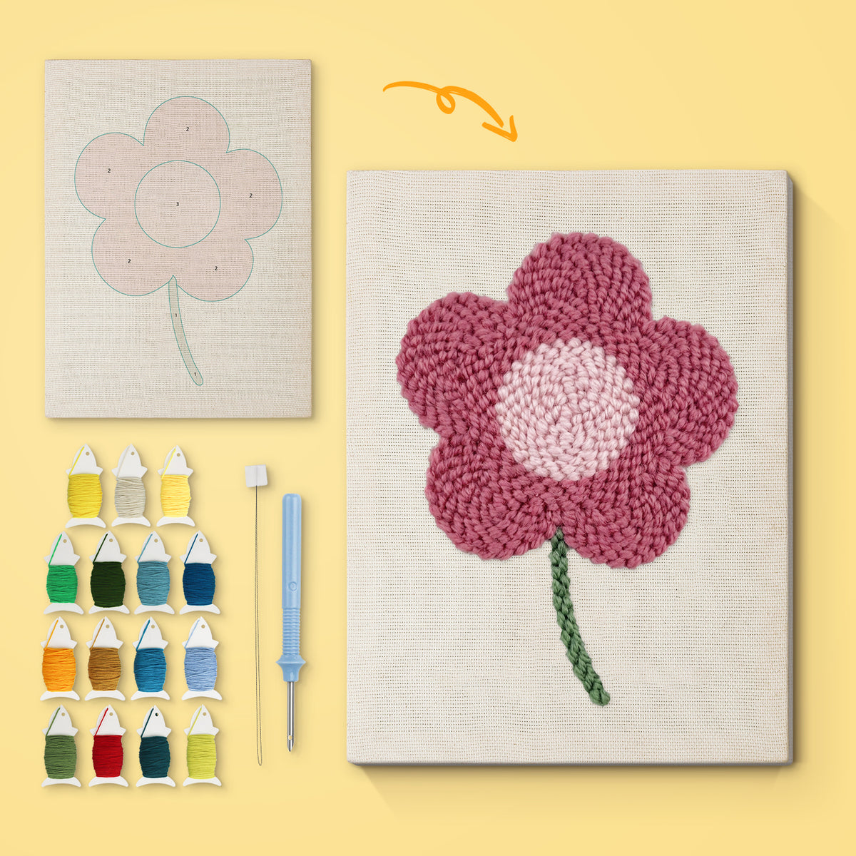 Magenta Bloom canvas before and after punching, with the threads and tools