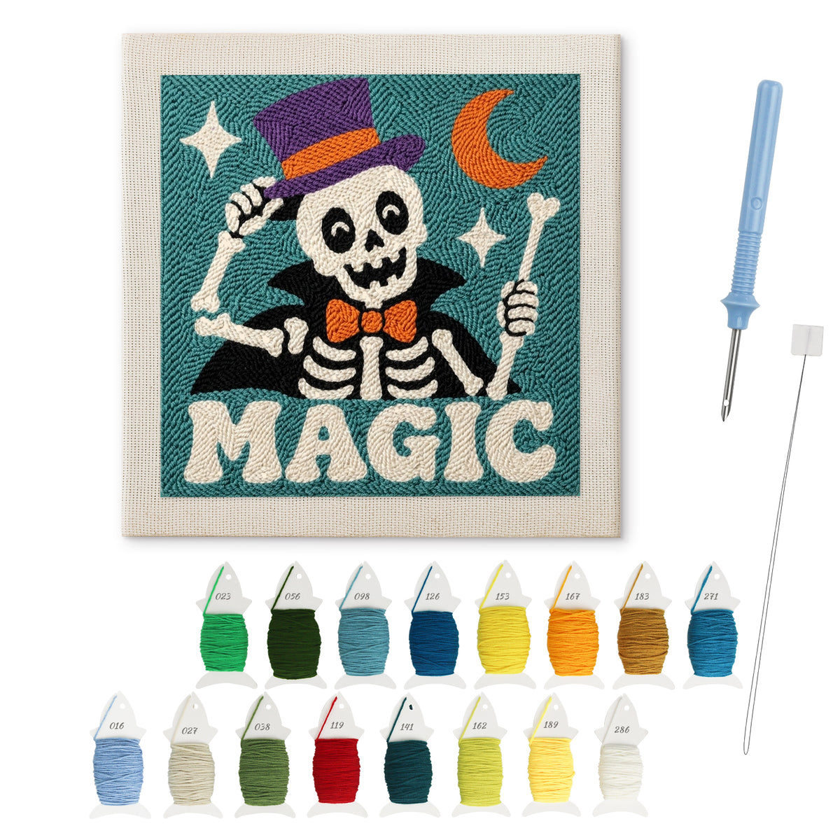 Magic Skeleton punch needle kit: finished canvas with threads, punch needle and threader