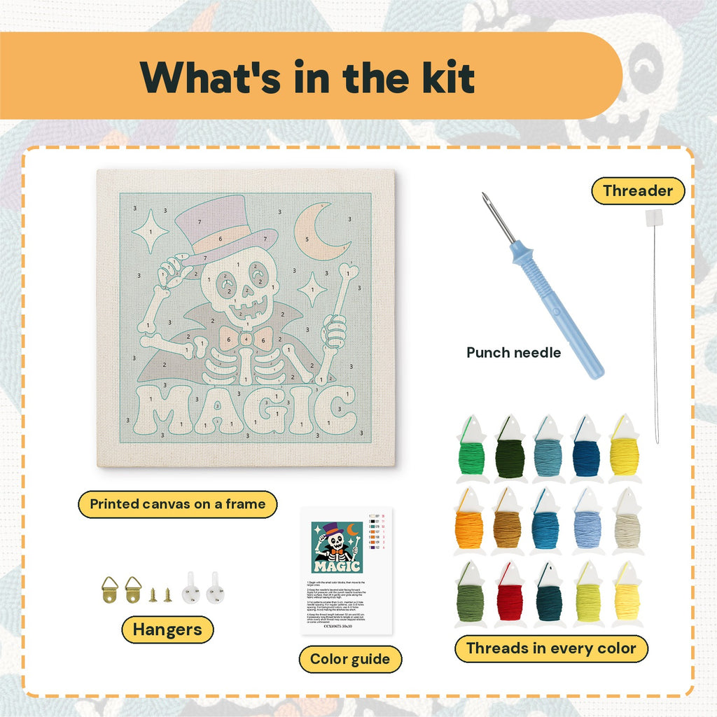 What is in the Magic Skeleton kit: printed canvas, punch needle, threader, threads, color guide and hangers