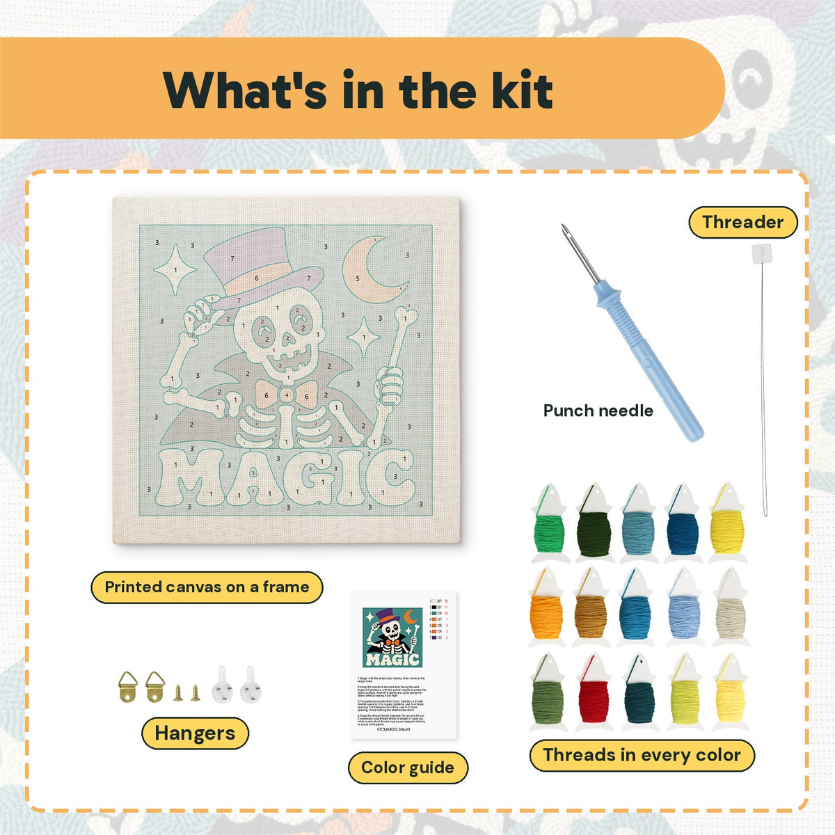 What is in the Magic Skeleton kit: printed canvas, punch needle, threader, threads, color guide and hangers