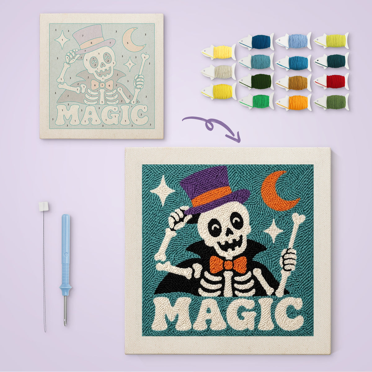 Magic Skeleton canvas before and after punching, with the threads and tools