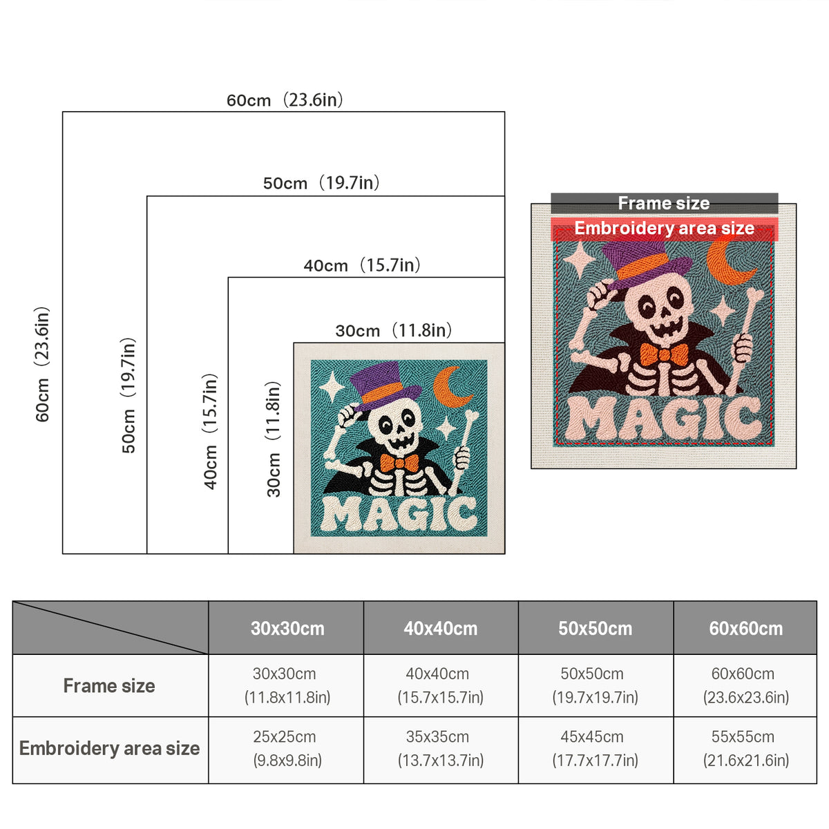 Size chart for square punch needle kits from 30 x 30 cm to 60 x 60 cm