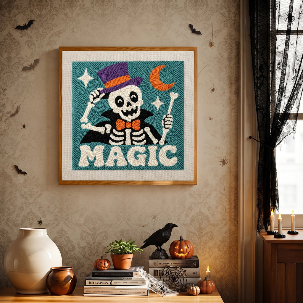 Finished Magic Skeleton punch needle canvas on a wall