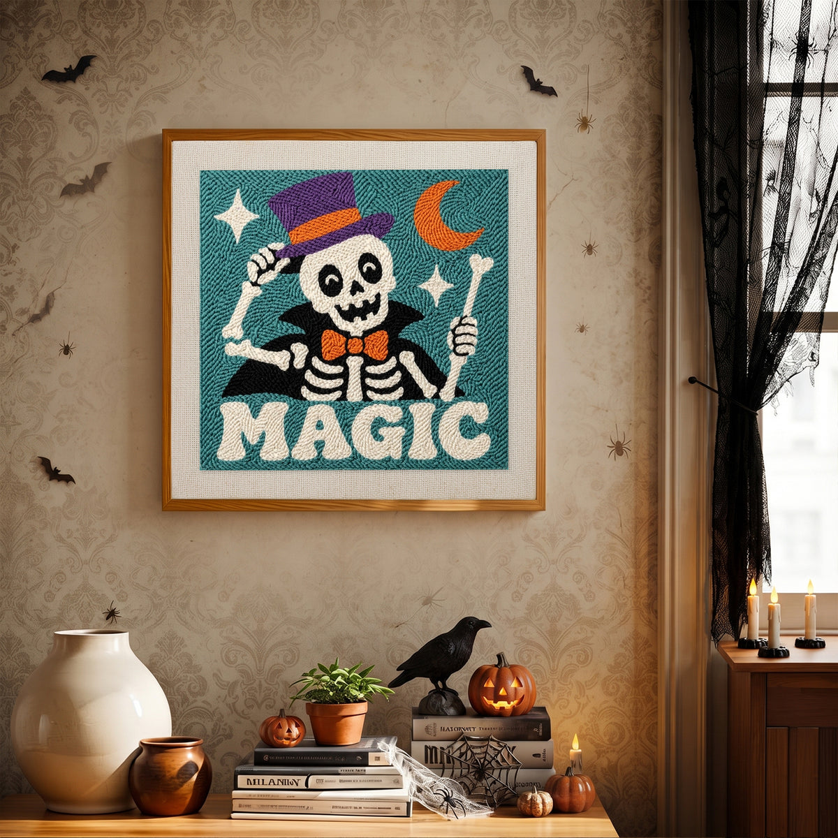 Finished Magic Skeleton punch needle canvas on a wall