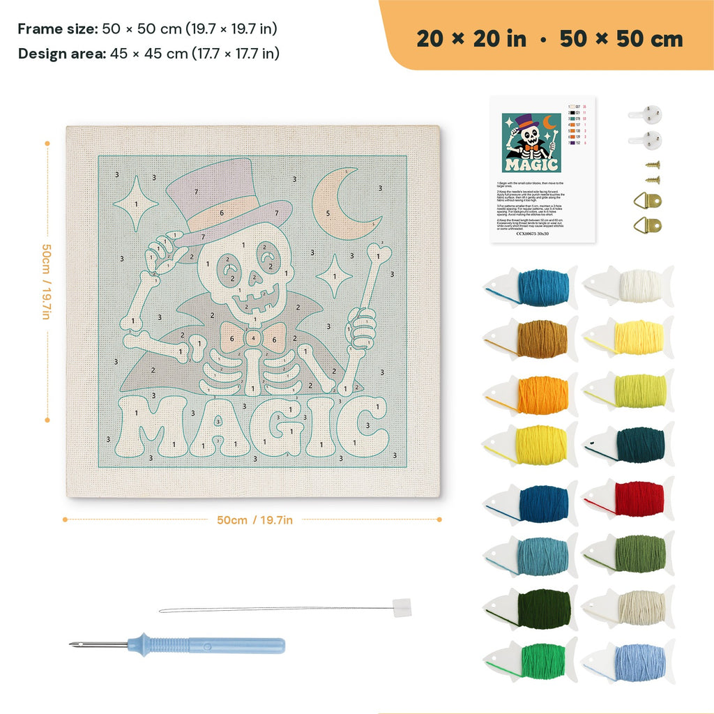 Magic Skeleton punch needle kit, 20 × 20 in (50 × 50 cm): canvas size and kit contents