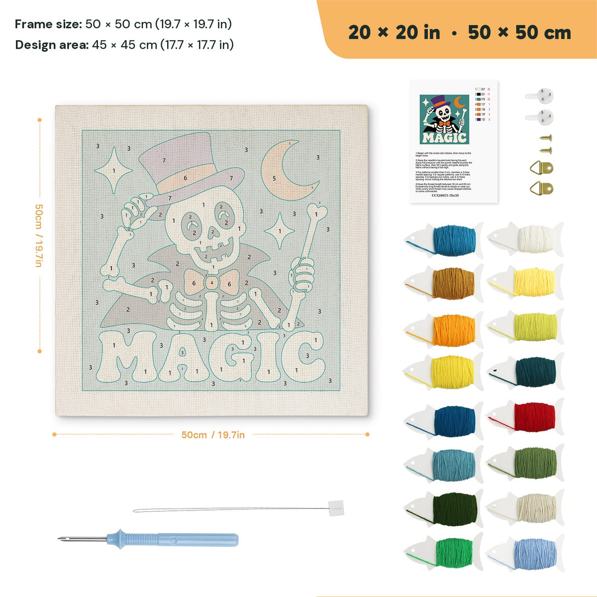 Magic Skeleton punch needle kit, 20 × 20 in (50 × 50 cm): canvas size and kit contents