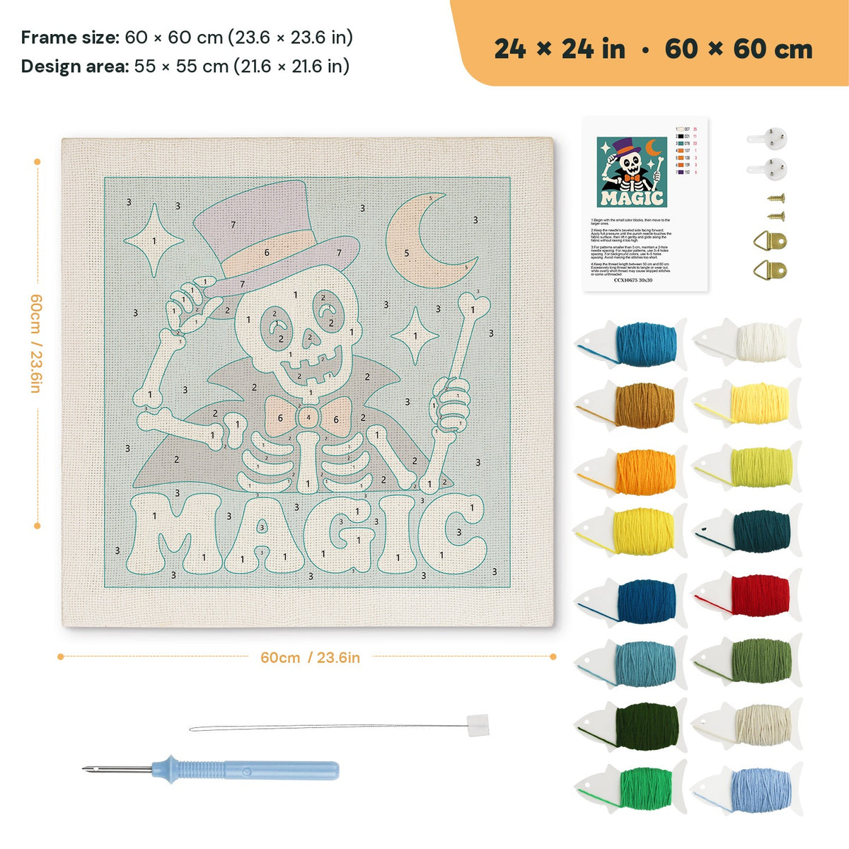 Magic Skeleton punch needle kit, 24 × 24 in (60 × 60 cm): canvas size and kit contents