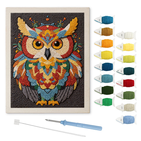 Mandala Owl punch needle kit: finished canvas with threads, punch needle and threader
