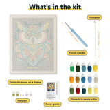 What is in the Mandala Owl kit: printed canvas, punch needle, threader, threads, color guide and hangers