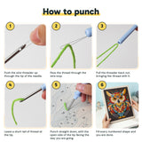 Six steps showing how to thread and use the punch needle