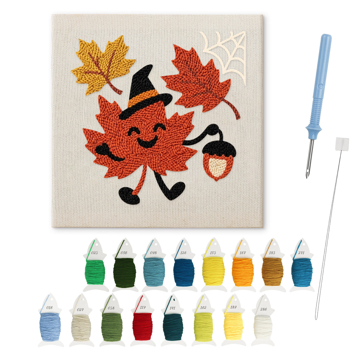 Maple Leaf Witch punch needle kit: finished canvas with threads, punch needle and threader